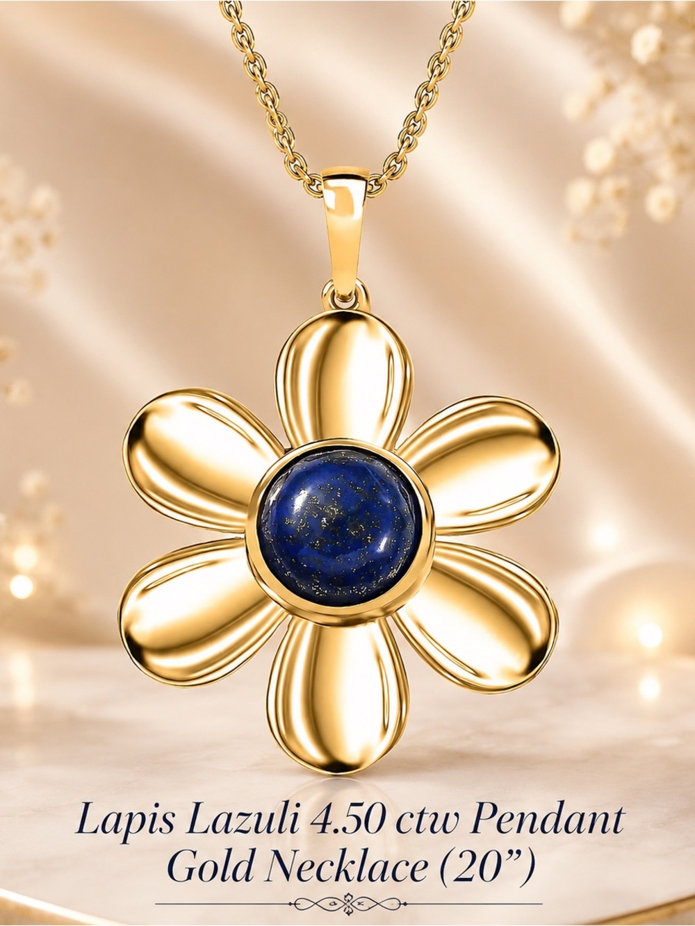 4.50 ctw Lapis Lazuli Bright Golden Flower Pendant Necklace